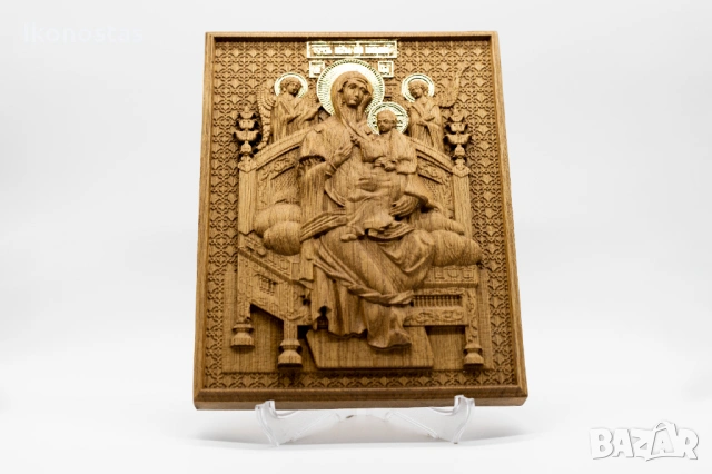 Позлатена релефна икона Св. Богородица Всецарица от дъб, снимка 4 - Икони - 53223659