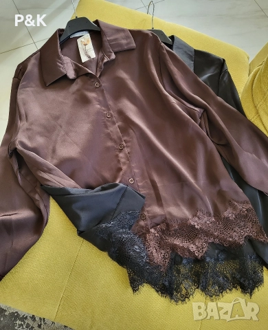 Сатенена риза с дантела в черно и кафяво