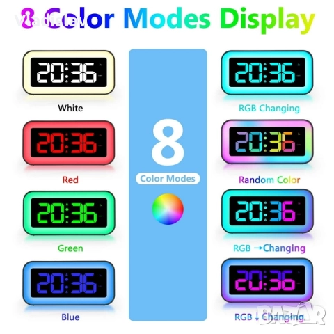 Силен цифров будилник с динамична RGB нощна светлина в 8 цвята, снимка 7 - Друга електроника - 52677750