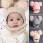 Зимен комплект шапка с пухчета и шал 6-12м, снимка 1 - Бебешки шапки - 34389613