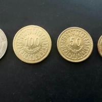 Монети. Тунис. 1 динар, 20, 50 и 100 милима.   4 бройки., снимка 1 - Нумизматика и бонистика - 36089014