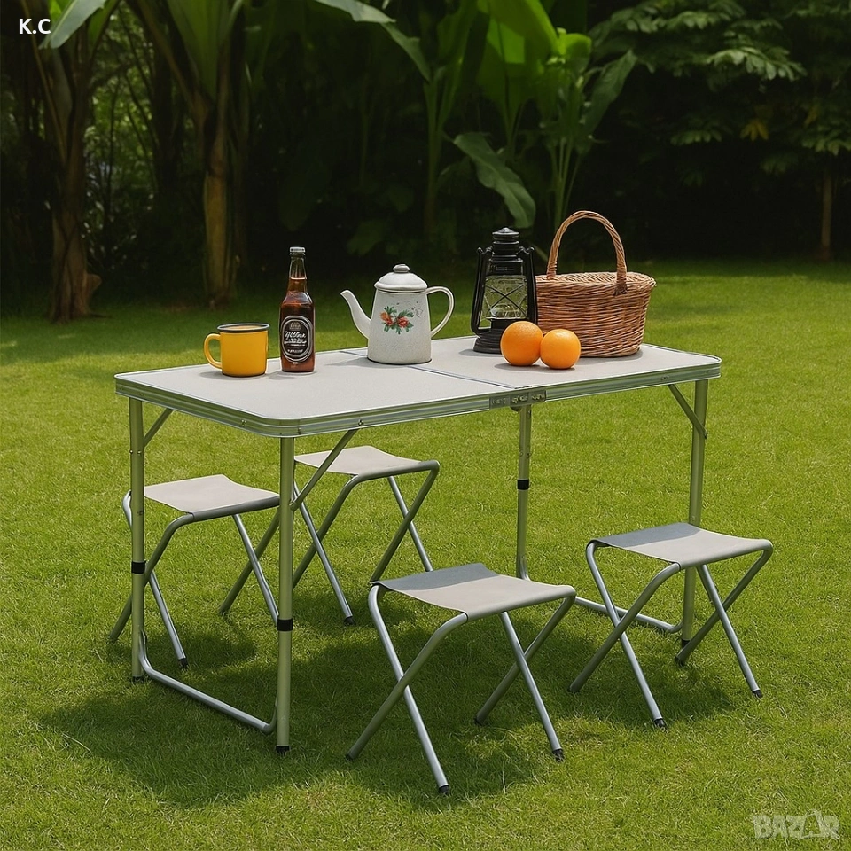 Комплект сгъваема алуминиева маса с 4 стола – идеален за къмпинг, двор и почивка, снимка 1