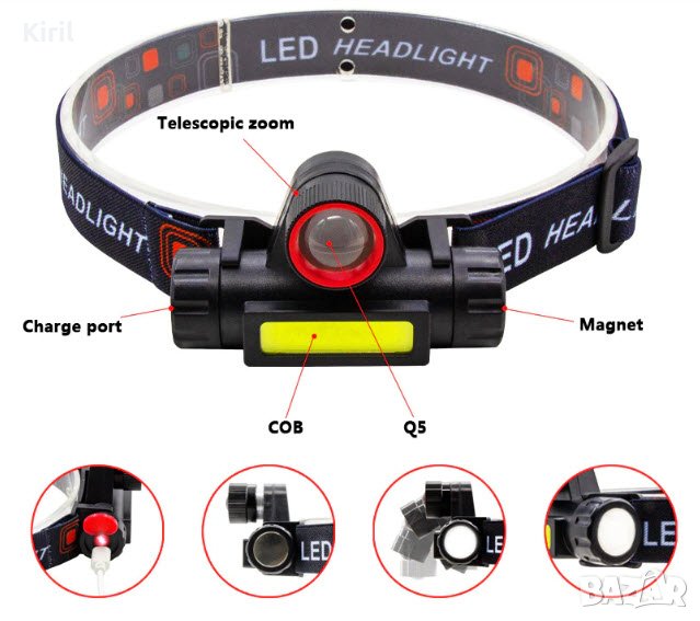 LED челник фенер за глава акумолатерен , риболов туризъм къмпинг, снимка 1