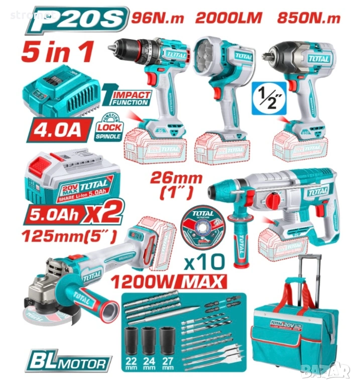 🔧 Голям комплект акумулаторни инструменти – 5 в 1 машини, снимка 1