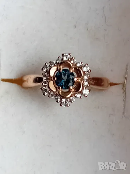 Руски златен пръстен с естествен топаз и фианити с форма на цвете, снимка 1