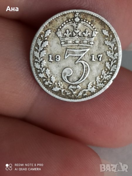 3 пенса1917 г сребро Великобритания , снимка 1