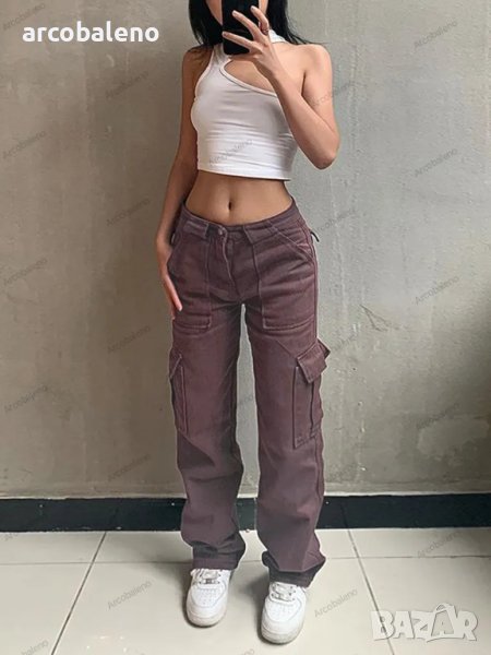 Кафяви дамски ретро американски панталони с широки крачоли и с голям джоб, снимка 1