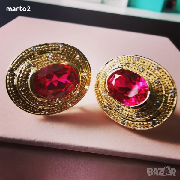 Елегантни Сребърни 925 Обеци с 14 карата позлата и Лабораторни Рубини и Циркони!, снимка 1