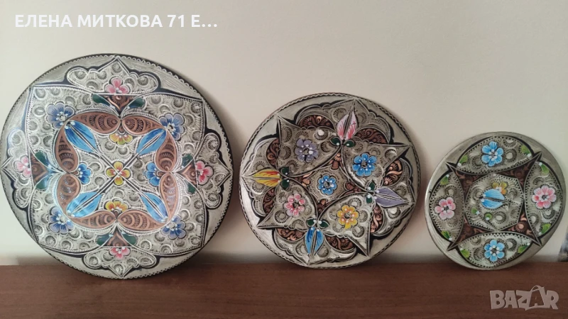 Лот от 3 медни чинии за стена гравирани с други цветни метали и рисувани, снимка 1