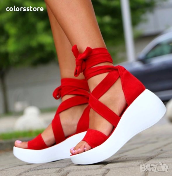 Сандали на платформа - червен велур с бяло ходило - SK011, снимка 1