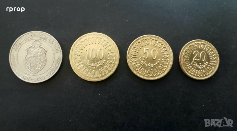 Монети. Тунис. 1 динар, 20, 50 и 100 милима.   4 бройки., снимка 1