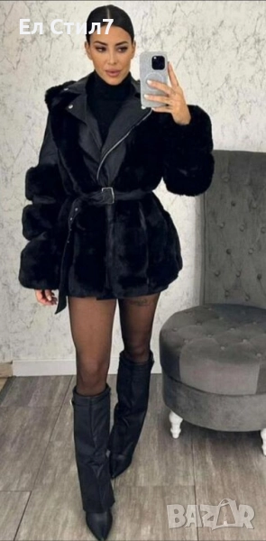 📌#Дамско #пухкаво #кожено #яке.Италия.Еко кожа+пух С М Л ХЛ размер Цена 130лв/66.47€ Еконт спиди, снимка 1