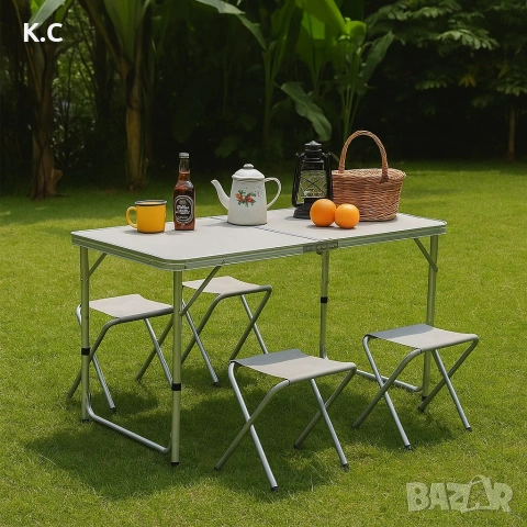 Комплект сгъваема алуминиева маса с 4 стола – идеален за къмпинг, двор и почивка