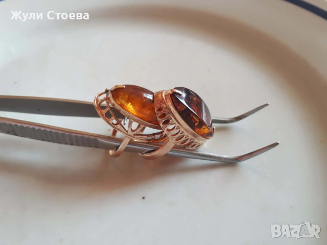 Руски златен пръстен с естествен кехлибар, снимка 4 - Пръстени - 53064798