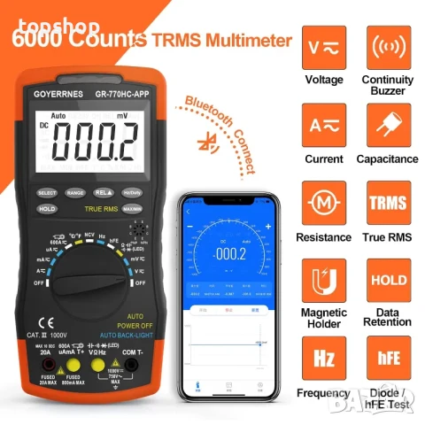 Професионален Мултиметър Мултицет GR-770HC-APP TRMS 6000Counts, 60mV~1000V, AC 60mV~750V и други, снимка 7 - Гедорета - 50493208