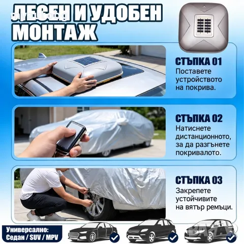Автоматично соларно покривало за автомобил с дистанционно управление – различни размери, снимка 3 - Аксесоари и консумативи - 56127332
