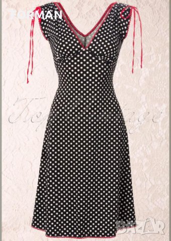 Вталена черна рокля на бели точки и с червени акценти около деколтето и ръкавите , снимка 1 - Рокли - 41928460
