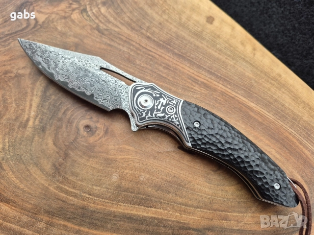 Уникален сгъваем нож дамаска стомана с кожена кания, снимка 7 - Ножове - 52325439