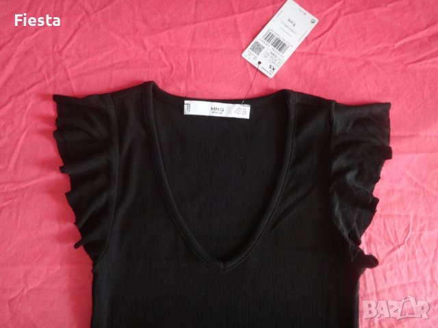 Mango нова черна рипсена блуза с къси набрани ръкави, снимка 7 - Тениски - 41518935