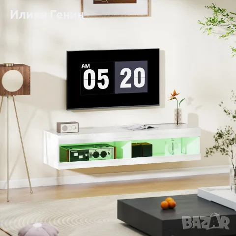 ТВ шкаф HOMCOM, нисък стенен шкаф за телевизор с RGB LED осветление в 16 цвята,, снимка 7 - Шкафове - 56240882