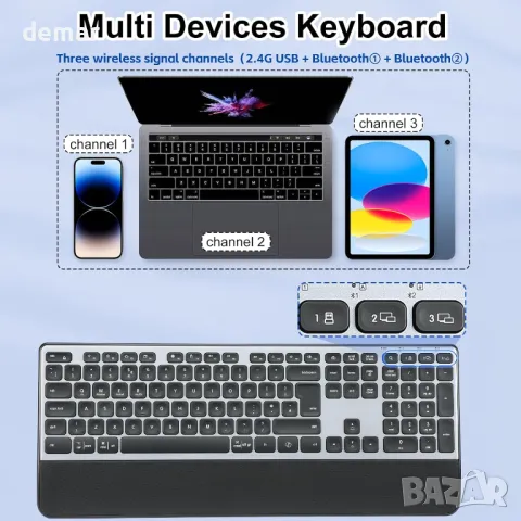 CITLLA K9100 Безжична Bluetooth клавиатура, Пълноразмерна с опора за китката, 3-степенна подсветка, снимка 6 - Клавиатури и мишки - 49283507