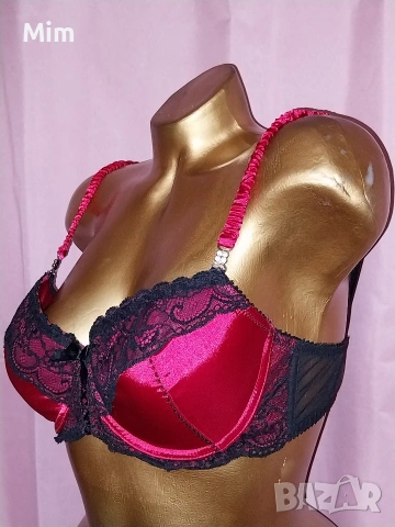 75 В Червен сатенен сутиен с черна дантела , снимка 4 - Бельо - 53207786