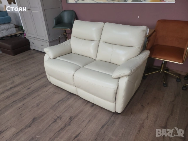 Кремав кожен диван двойка, снимка 8 - Дивани и мека мебел - 53713629