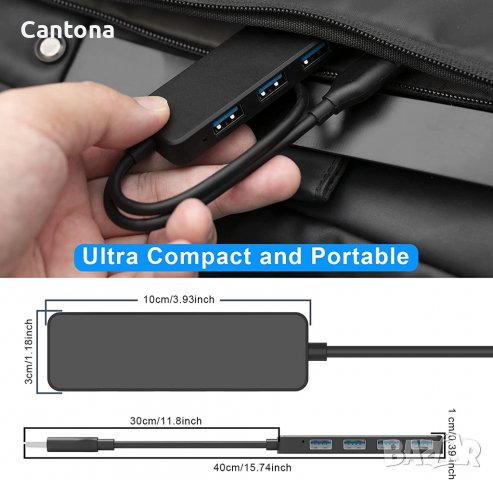 USB хъб с 4 порта USB 3.0, с 30 см кабел, ултра тънък, изключително лек, снимка 6 - Други - 40214509