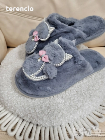 Нови дамски пантофи коте - сиви, снимка 4 - Пантофи - 52826864