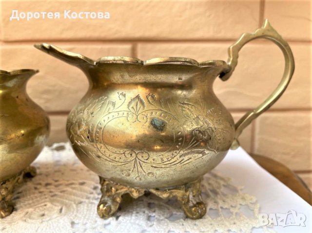 Прекрасен комплект от латиера и захарница от месинг, с маркировки от Англия, снимка 3 - Антикварни и старинни предмети - 41914382