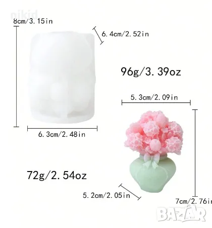 3D Цветя във ваза ситни цветчета силиконов молд форма смола свещ гипс шоколад декор украса, снимка 3 - Форми - 47722788