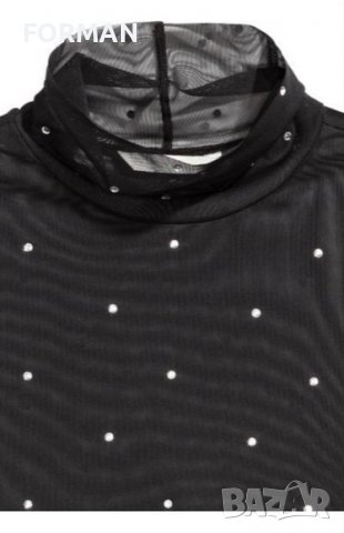 Черна блуза от тюл със сребристи камъчета и с поло-яка, снимка 3 - Ризи - 39690386