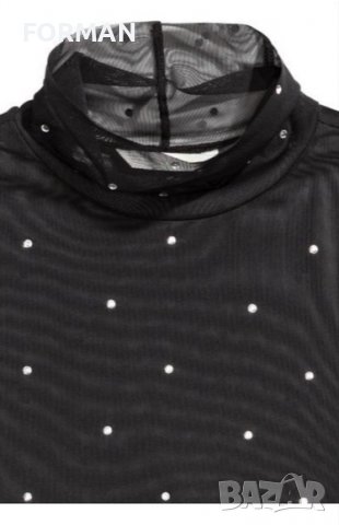 Черна блуза от тюл със сребристи камъчета и с поло-яка, снимка 3 - Ризи - 39690386