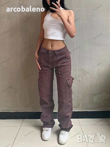 Кафяви дамски ретро американски панталони с широки крачоли и с голям джоб
