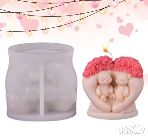 3D 2 мечета седнали в сърце с рози Силиконов молд фрома фондан свещ гипс сапун Свети Валентин, снимка 2 - Форми - 48952039