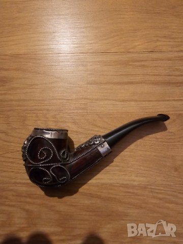 Красива Старинна колекционерска лула за пушене от бриар с  бронзова лъвска глава и бронзови орнамент, снимка 2 - Лули - 41794920