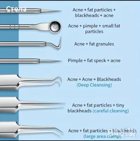 Комплект от 8 бр пинсети, инструменти за почистване на черни точки, акне, снимка 4 - Други - 51855630