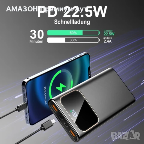 COUCUR 10000 mAh Power Bank 22.5W PD3.0/QC4.0 бързо зареждане,USB-C вход/изход,LED дисплей, iPhone, снимка 2 - Външни батерии - 50543240