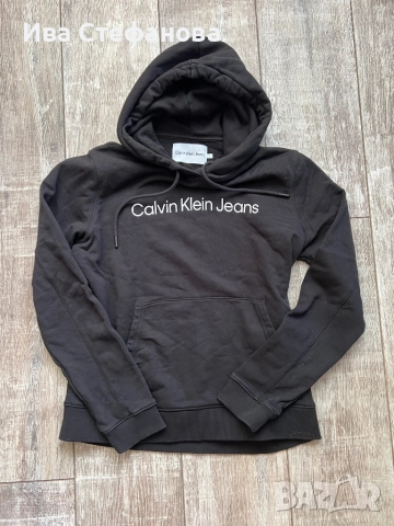 Дамски  черен памучен ватиран оригинален суичър суитшърт черен Calvin Klein качулка  памук памучен