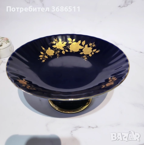 Фруктиера порцелан кобалт с позлата, снимка 3 - Антикварни и старинни предмети - 53482136