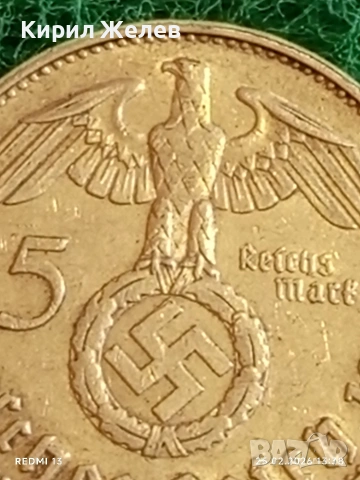 Сребърна монета 5 райхсмарки 1938г. Германия Трети Райх с Свастика за КОЛЕКЦИОНЕРИ 51761, снимка 3 - Нумизматика и бонистика - 53617809