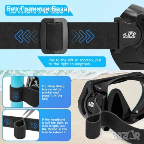 Нова Маска за шнорхел с покрит нос HD стъкло 180° регулируема лента, снимка 6 - Водни спортове - 53566891