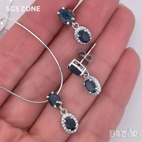 СРЕБЪРЕНИ ОБЕЦИ СЪС САПФИР , снимка 2 - Обеци - 51510349