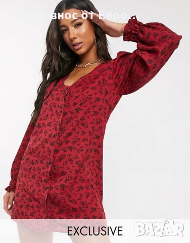 BooHoo Флорална червена мини рокля с буфан ръкав, снимка 2 - Рокли - 34447982
