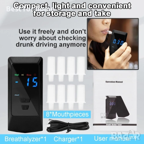Професионален дрегер за алкохол (Breathalyzer) – Нанотехнологичен сензор, USB зареждане и 8 накрайни, снимка 7 - Друга електроника - 53275939