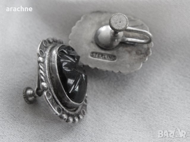 Антикварни сребърни мексикански обици с инталии от обсидиан, снимка 4 - Обеци - 40311343