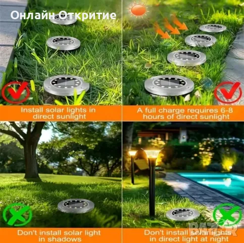 4 броя. Водоустойчиви Слънчеви светлини, 8LED с Соларен панел. Бяла светлина , снимка 4 - Соларни лампи - 50100769
