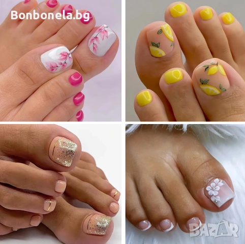 Самозалепващи изкуствени нокти за крака 24 бр. + лепило