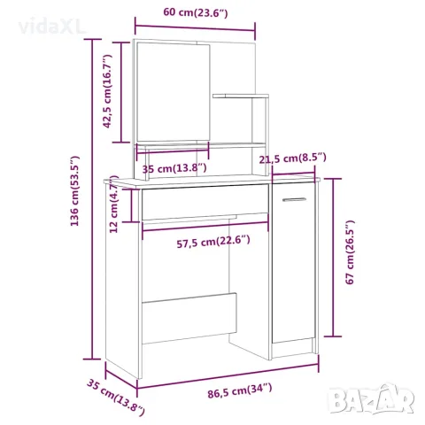 vidaXL Тоалетка с огледало, дъб сонома, 86,5x35x136 см, снимка 9 - Тоалетки - 56147805