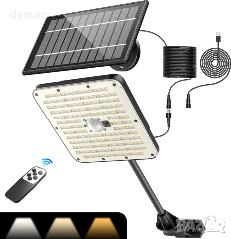 Mexllex 163LED охранителна лампа с отделен соларен панел, сензор за движение, USB,IP65, дистанционно, снимка 1 - Соларни лампи - 44762682